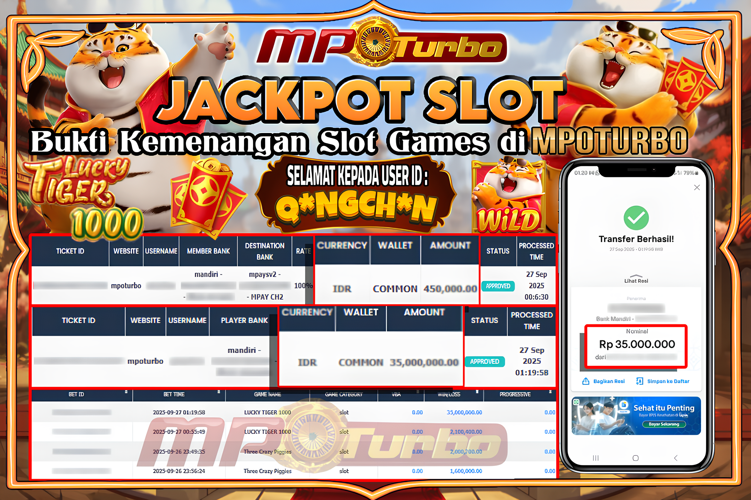MPOTURBO JACKPOT SLOT LUCKY TIGER 1000 - FAT PANDA Rp 35,000,000.00,- LUNAS